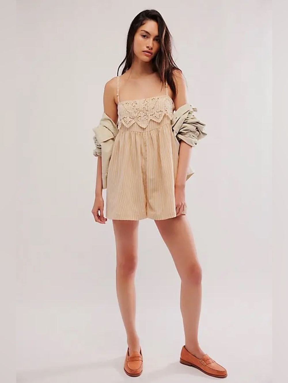 NWOT FREE PEOPLE Collina Striped Romper with Lace Detailing